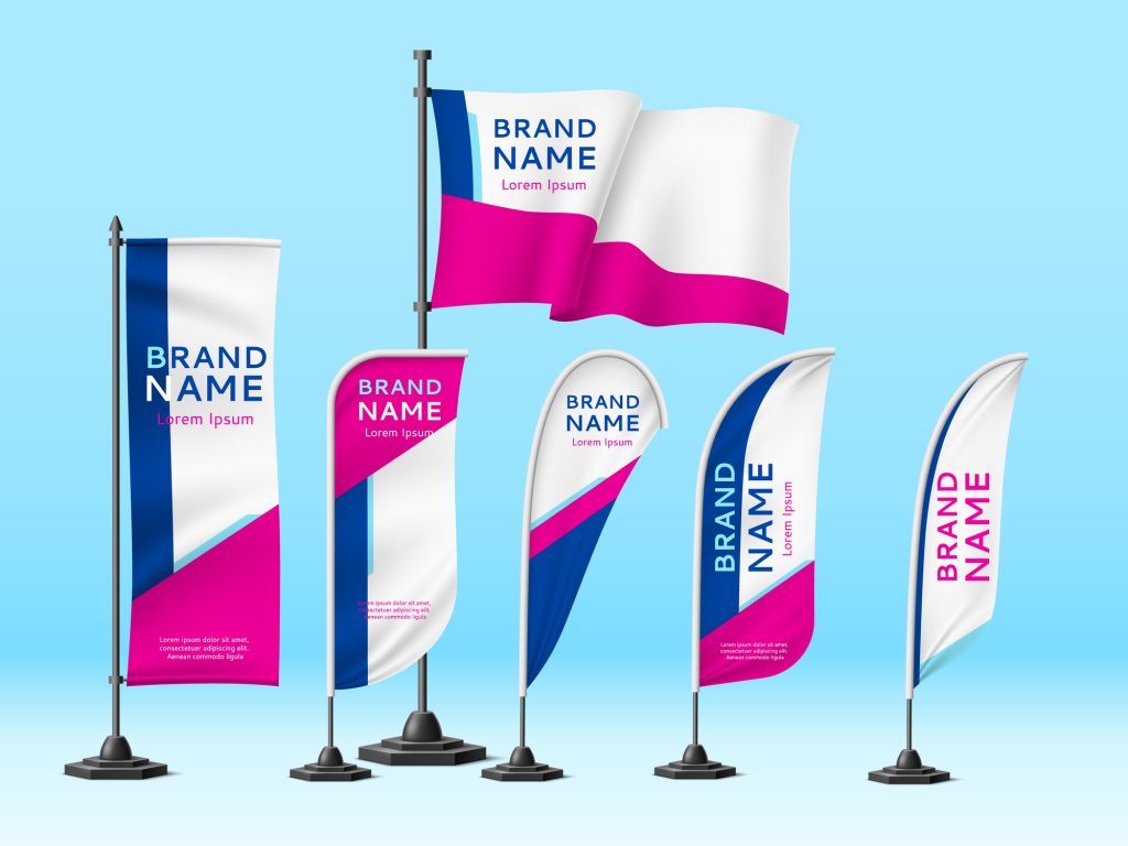 Flags banners identity. Realistic unified design promotional sign, fabric branded mockup, outdoor advertisement marketing and event info vector set